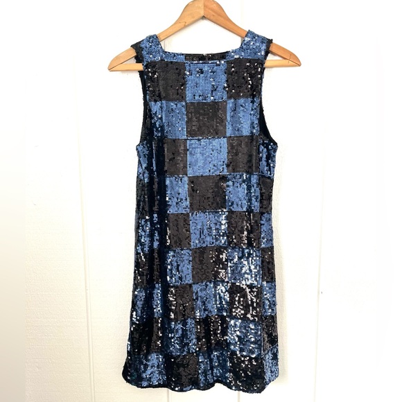 Alice + Olivia Black and Blue Sequin Mini Dress Small Check Checkerboard Pattern - Picture 8 of 12